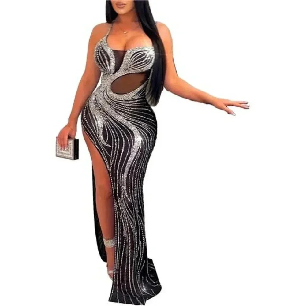 Elegant Rhinestone Birthday Maxi Dress Sparkly